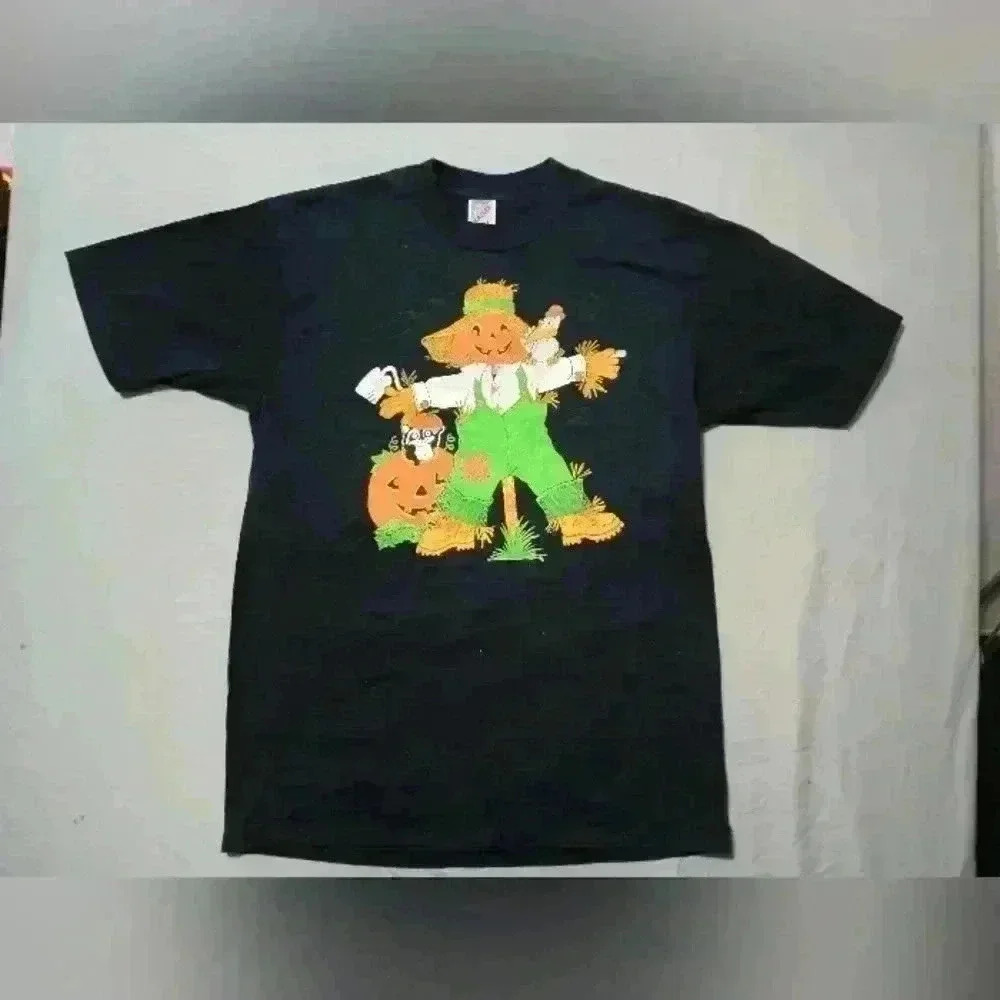 Vtg Jerzees Halloween T Shirt Sz L Pumpkin Scarecrow Jack O Lantern Y2K Harvest